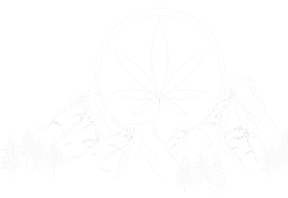 Elevated Exotics cannabis dispensary pot leaf in mountains design.